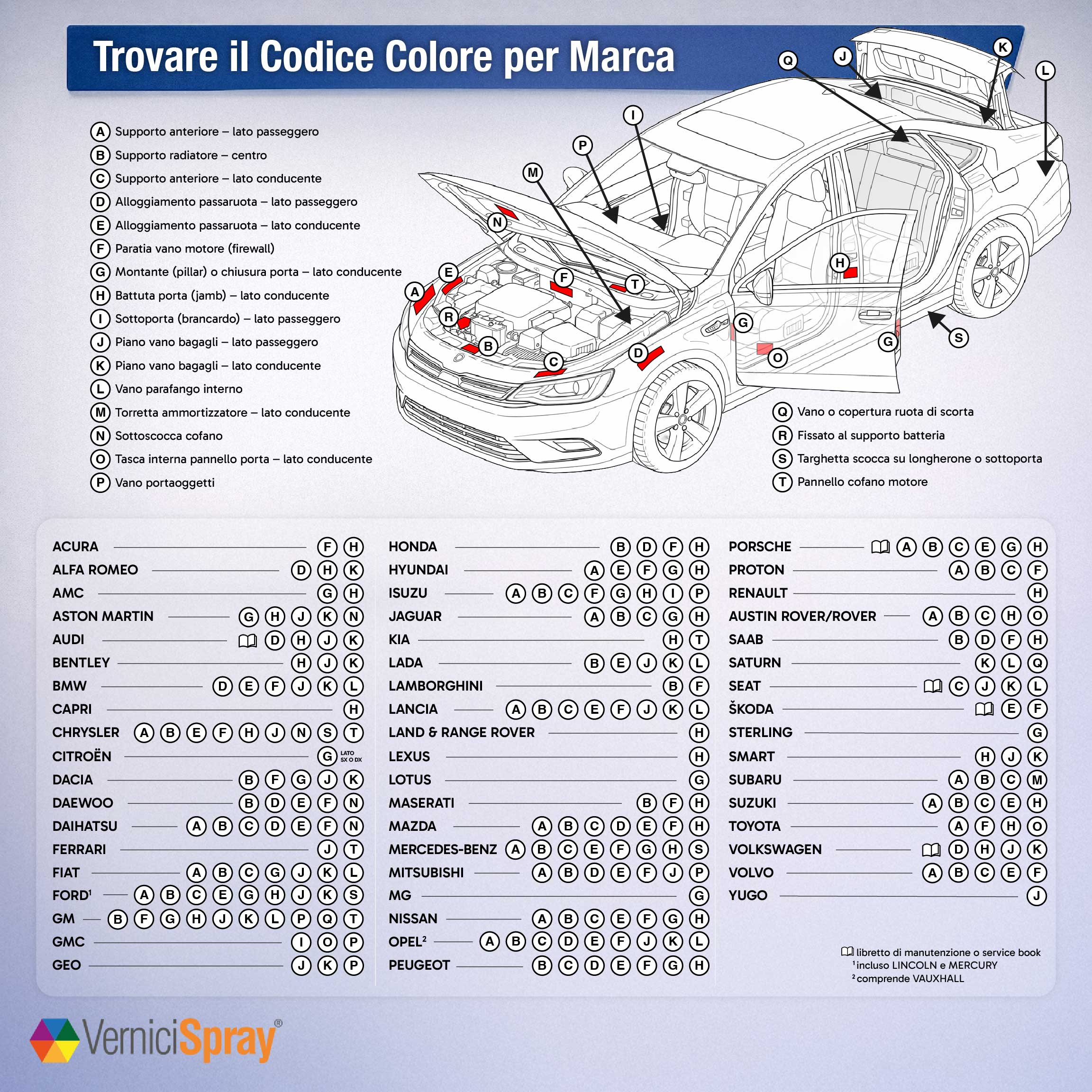 Infografica: dove trovare l'etichetta del codice colore in base alla marca dell'auto, schema con principali marche